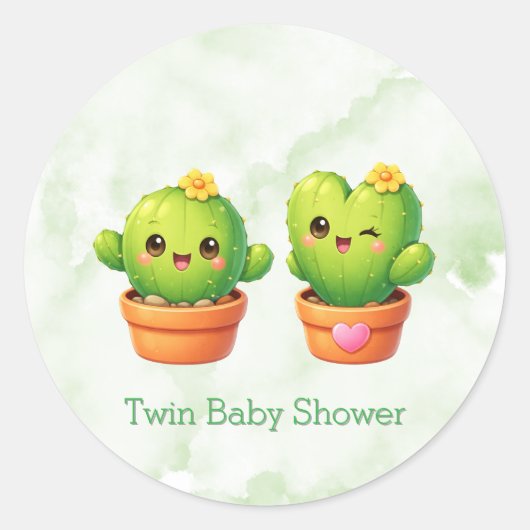 Cute Twin Cactus Baby Shower Runder Aufkleber (Vorderseite)