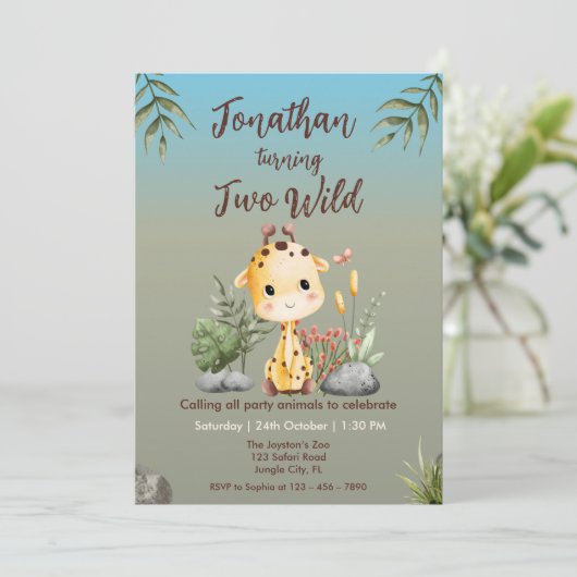 Cute Two Wild Safari Giraf Kids 2nd Birthday Einladung (Stehend Vorderseite)