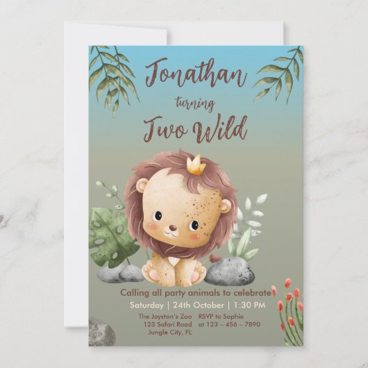 Cute Two Wild Safari Lion Kids 2nd Birthday Einladung (Vorderseite)