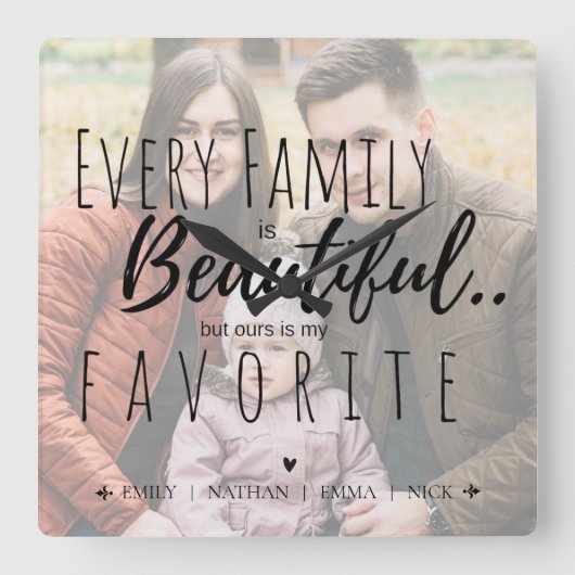 Cute Typography Family is Beautiful Family Photo Quadratische Wanduhr (Vorderseite)