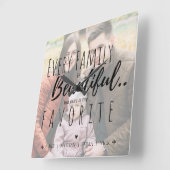 Cute Typography Family is Beautiful Family Photo Quadratische Wanduhr (Winkel)