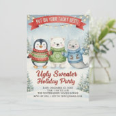 Cute Ugly Sweater Holiday Party Penguin Polar Bear Einladung (Stehend Vorderseite)