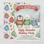 Cute Ugly Sweater Holiday Party Penguin Polar Bear Einladung (Vorne/Hinten)