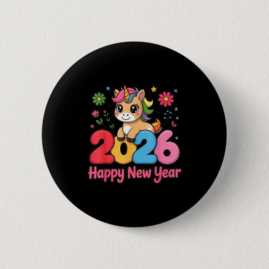 Cute Unicorn 2026 Horse Year Happy New Year Kawaii Button (Vorderseite)