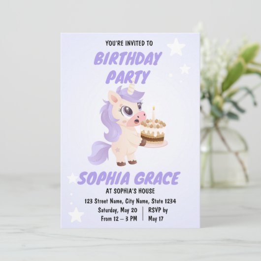 Cute Unicorn Birthday Invitation Einladung (Stehend Vorderseite)