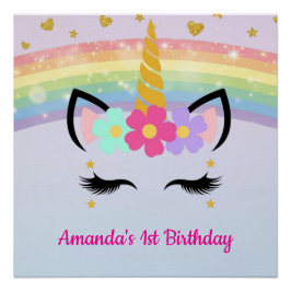 Cute Unicorn Face Floral 1st Birthday Glossy Poster