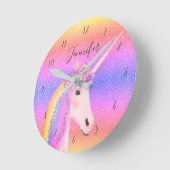 Cute Unicorn Glitter Rainbow Kids Monogram Runde Wanduhr (Winkel)