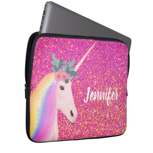 Cute Unicorn Rainbow Pink Glitter Sparkle Fantasy Laptopschutzhülle (Vorne Rechts)