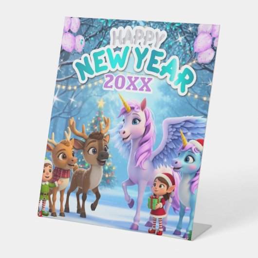 Cute Unicorn & Reindeer New Year Party for Kids Sockelschild (Vorderseite)