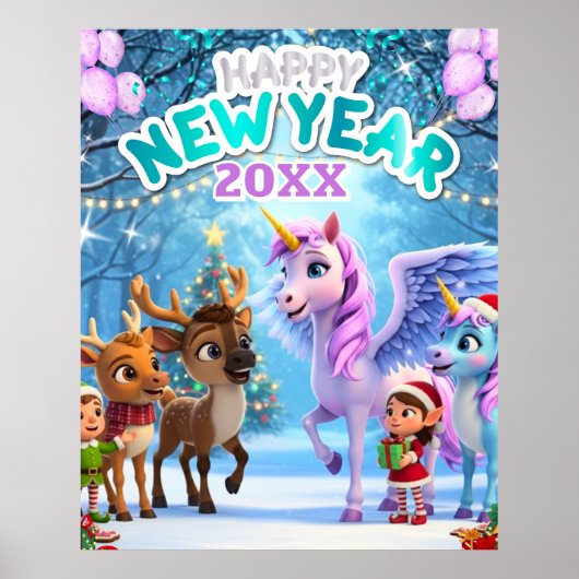 Cute Unicorn & Reindeer New Year Poster for Kids (Vorne)