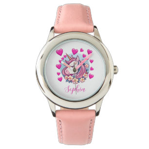 Cute Unicorn, rosa Herzen und Blumen, eigener Name Armbanduhr