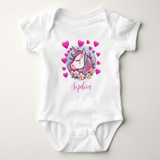 Cute Unicorn, rosa Herzen und Blumen, eigener Name Baby Strampler (Vorderseite)