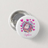 Cute Unicorn, rosa Herzen und Blumen, eigener Name Button (Vorne & Hinten)