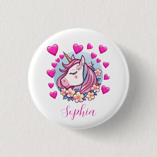 Cute Unicorn, rosa Herzen und Blumen, eigener Name Button (Vorderseite)