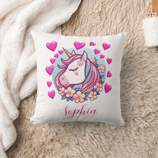 Cute Unicorn, rosa Herzen und Blumen, eigener Name Kissen (Decke)