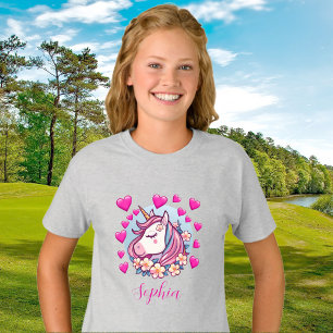 Cute Unicorn, rosa Herzen und Blumen, eigener Name T-Shirt