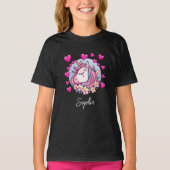 Cute Unicorn, rosa Herzen und Blumen, eigener Name T-Shirt (Vorderseite)