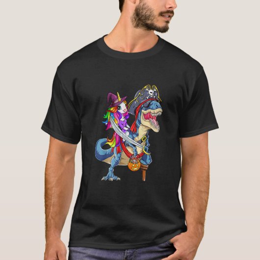 Cute Unicorn Witch Riding Dinosaur Pumpkin Hallowe T-Shirt (Vorderseite)