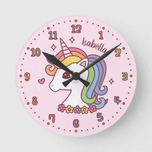 Cute Unicorn With Rainbow Mane Girls Room Decor Runde Wanduhr
