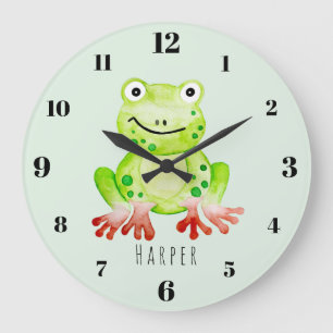 Cute Unisex Watercolor Jungle Green Frog Nursery Große Wanduhr