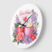 Cute Valentine Cocoa Mugs with Flowers & Hearts Große Wanduhr (Winkel)