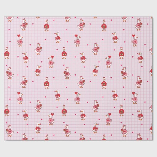 Cute Valentine Goose Pattern Hearts Pink Grid  Geschenkpapier (Flach)