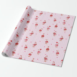 Cute Valentine Goose Pattern Hearts Pink Grid Geschenkpapier