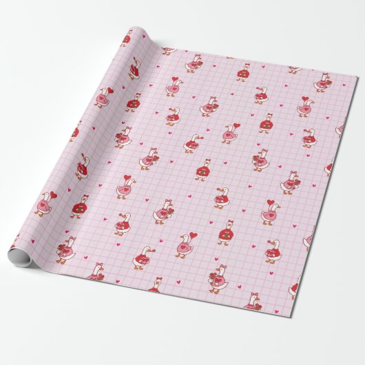 Cute Valentine Goose Pattern Hearts Pink Grid  Geschenkpapier (Ungerollt)