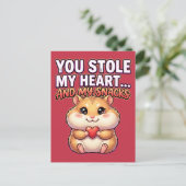 Cute Valentine Hamster–You Stole My Heart & Snacks Postkarte (Stehend Vorderseite)