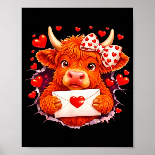 Cute Valentine Highland Cow With Heart Bow Western Poster (Vorne)