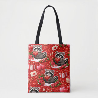 Cute Valentine Raccoon Pattern Red Hearts & Roses Tasche