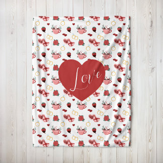 Cute Valentine`s Day Blanket With A Red Heart Fleecedecke
