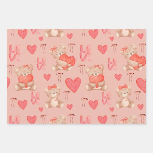 Cute Valentines Brown Teddy Bear Seamless Pattern Geschenkpapier Set (Vorderseite)