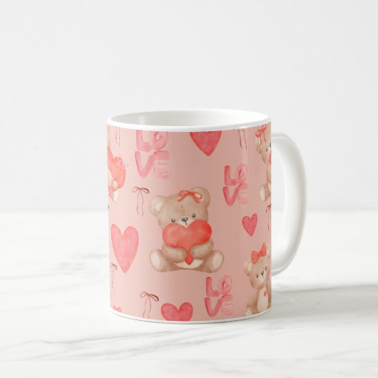 Cute Valentines Brown Teddy Bear Seamless Pattern Kaffeetasse (VorderseiteRechts)