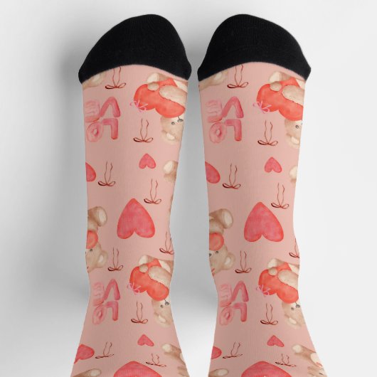 Cute Valentines Brown Teddy Bear Seamless Pattern Socken (Oben)