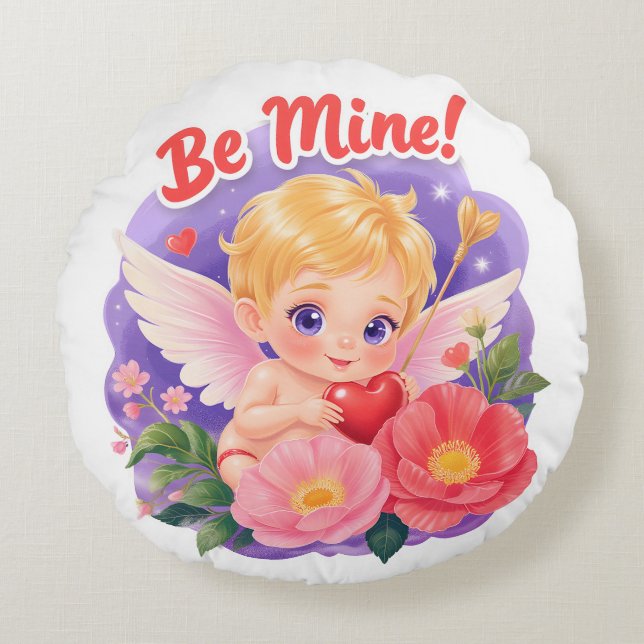 Cute Valentine's Day Cupid with "Be Mine" Rundes Kissen (Vorderseite)