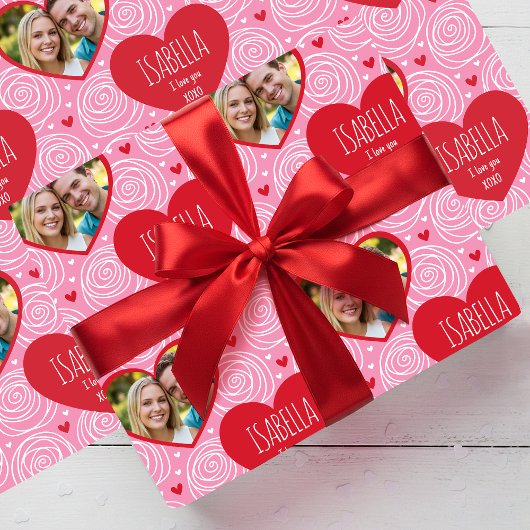Cute Valentine's Day Photo Name Hearts & Roses Geschenkpapier
