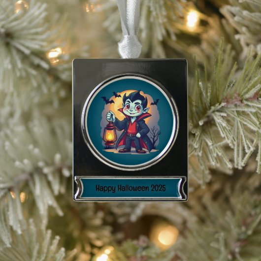 Cute Vampire with Lantern Kawaii Halloween Banner-Ornament Silber (Baum)