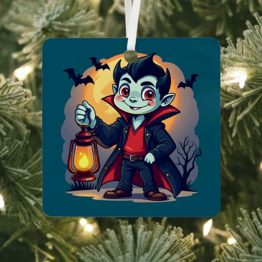 Cute Vampire with Lantern Kawaii Halloween Ornament Aus Metall (InSitu)