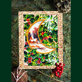 Cute Vintage Christmas Moon House Holly Mistletoe Feiertagspostkarte