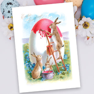 Cute Vintage Easter Bunnies Painting Giant Egg Feiertagskarte