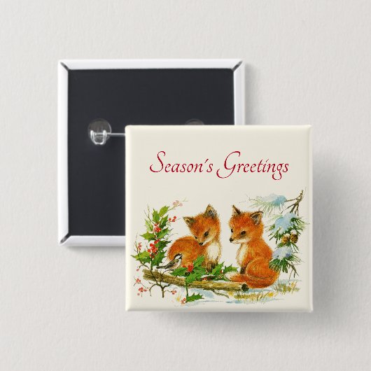 Cute Vintage Foxes Retro Christmas Button (Vorne & Hinten)