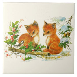 Cute Vintage Foxes Retro Christmas Fliese