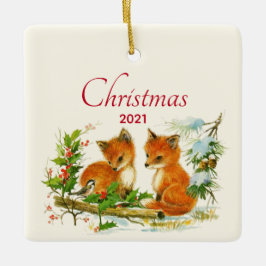 Cute Vintage Foxes Retro Christmas Keramikornament