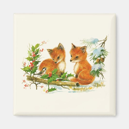 Cute Vintage Foxes Retro Christmas Magnet (Vorne)
