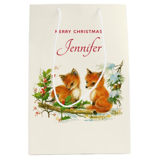 Cute Vintage Foxes Retro Christmas Mittlere Geschenktüte (Vorderseite)
