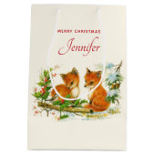 Cute Vintage Foxes Retro Christmas Mittlere Geschenktüte (Rückseite)