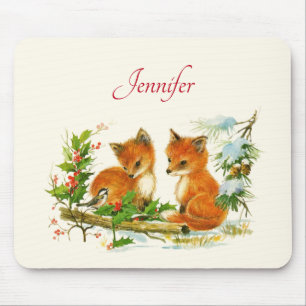 Cute Vintage Foxes Retro Christmas Mousepad