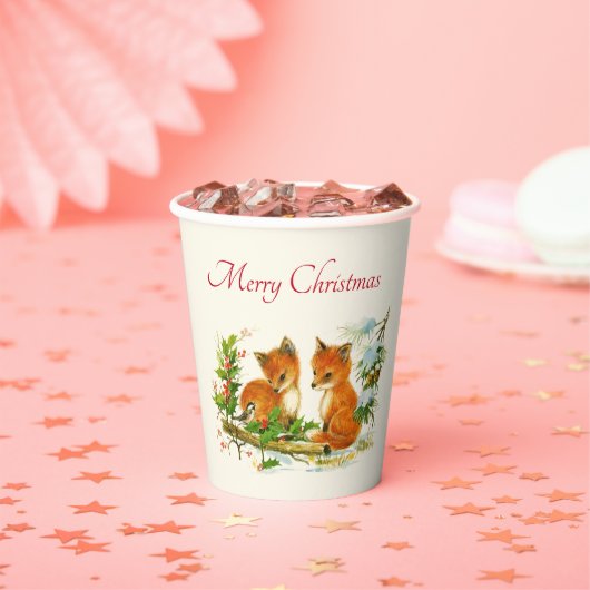 Cute Vintage Foxes Retro Christmas Pappbecher (Insitu)