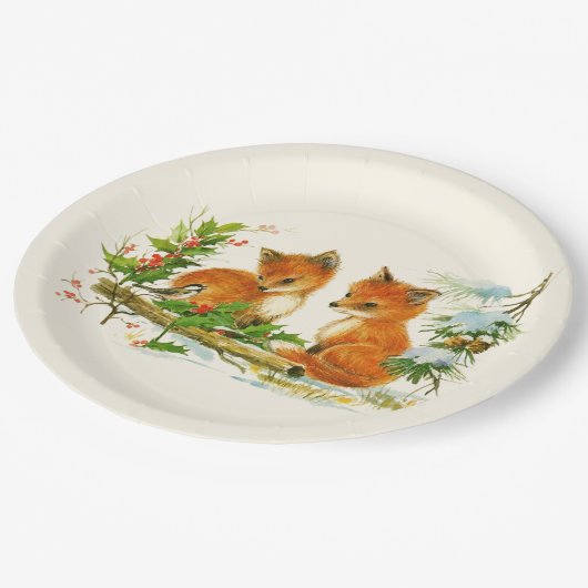 Cute Vintage Foxes Retro Christmas Pappteller (Schrägansicht)